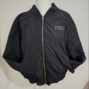 Victoria's Secret PINK Bomber Jacket Black w/Gold Writing Large EUC